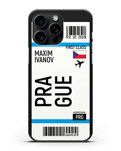 Чехол Авиабилет Прага с именем, фамилией силиконовый для iPhone 15 Pro Max