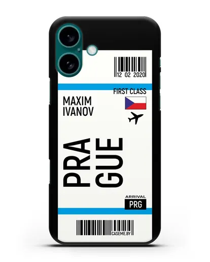 Чехол Авиабилет Прага с именем, фамилией силиконовый для iPhone 16 Plus