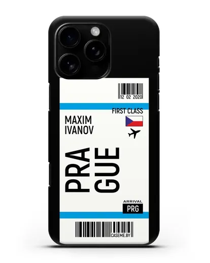 Чехол Авиабилет Прага с именем, фамилией силиконовый для iPhone 16 Pro Max