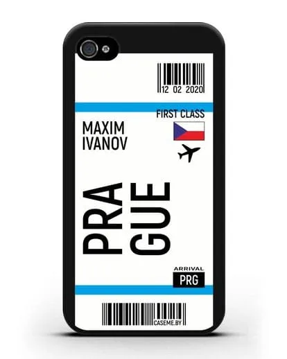 Чехол Авиабилет Прага с именем, фамилией силиконовый для iPhone 4/4s