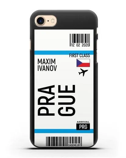 Чехол Авиабилет Прага с именем, фамилией силиконовый для iPhone 8