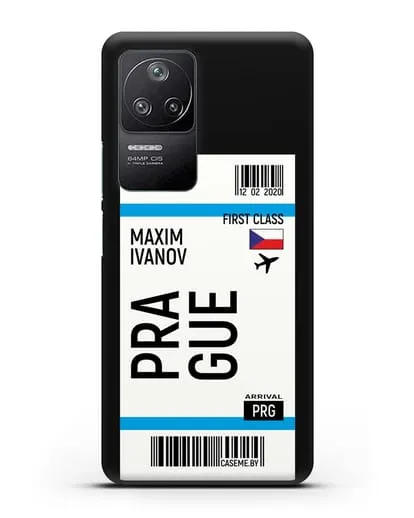 Чехол Авиабилет Прага с именем, фамилией силиконовый для Xiaomi Poco F4