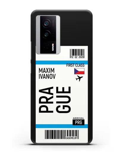 Чехол Авиабилет Прага с именем, фамилией силиконовый для Xiaomi Poco F5 Pro