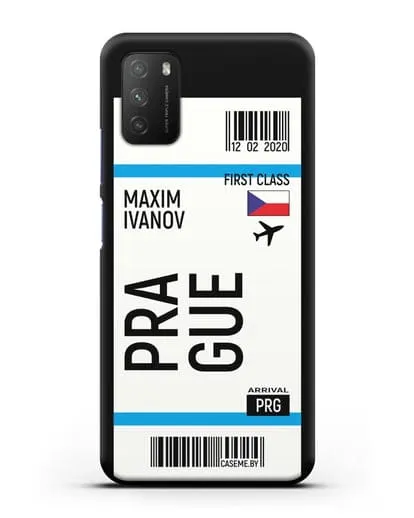 Чехол Авиабилет Прага с именем, фамилией силиконовый для Xiaomi Poco M3