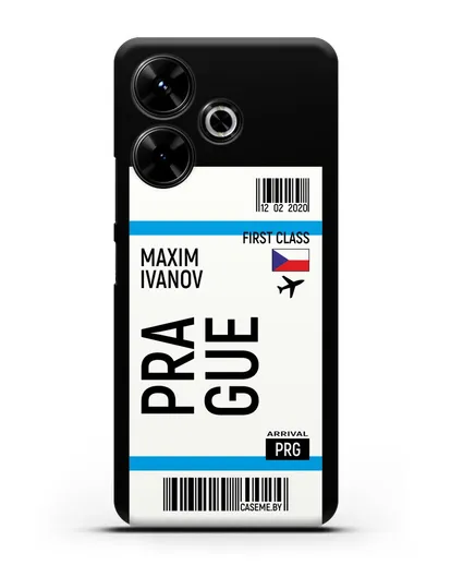 Чехол Авиабилет Прага с именем, фамилией силиконовый для Xiaomi Poco M6