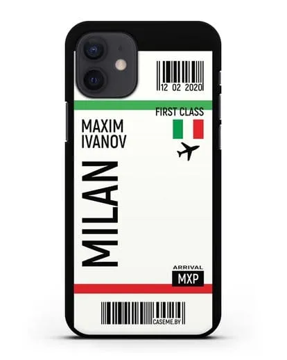 Чехол Авиабилет Милан с именем, фамилией силиконовый для iPhone 12