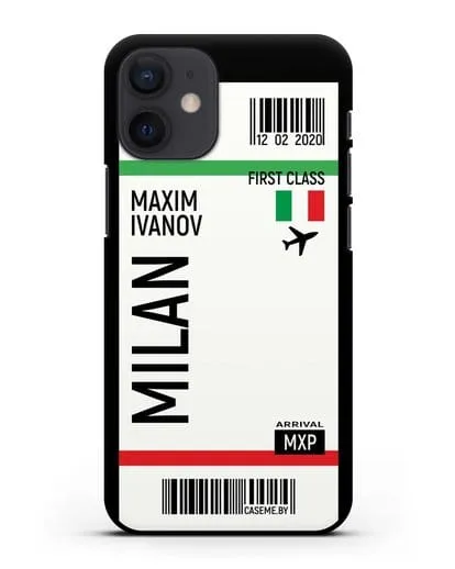 Чехол Авиабилет Милан с именем, фамилией силиконовый для iPhone 12 mini