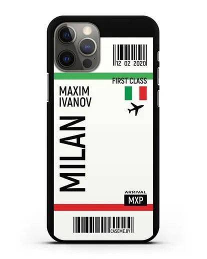 Чехол Авиабилет Милан с именем, фамилией силиконовый для iPhone 12 Pro