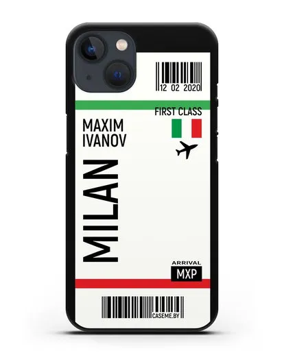 Чехол Авиабилет Милан с именем, фамилией силиконовый для iPhone 13