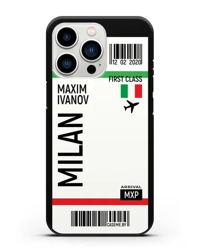Чехол Авиабилет Милан с именем, фамилией силиконовый для iPhone 13 Pro