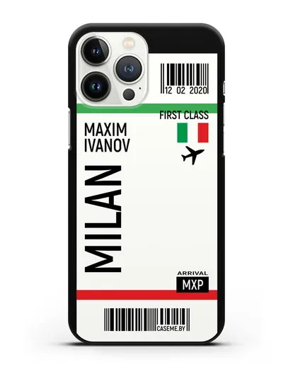 Чехол Авиабилет Милан с именем, фамилией силиконовый для iPhone 13 Pro Max