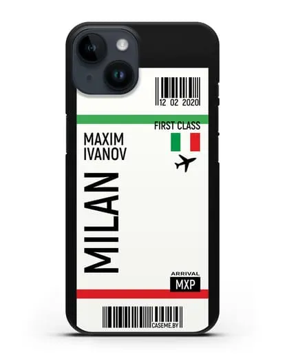 Чехол Авиабилет Милан с именем, фамилией силиконовый для iPhone 14