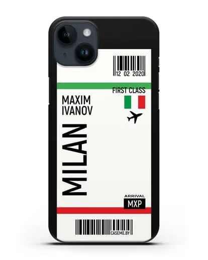 Чехол Авиабилет Милан с именем, фамилией силиконовый для iPhone 14 Plus