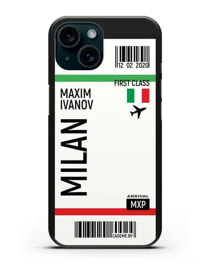 Чехол Авиабилет Милан с именем, фамилией силиконовый для iPhone 15