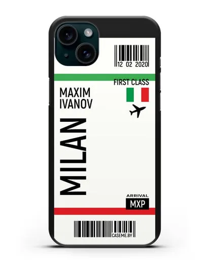 Чехол Авиабилет Милан с именем, фамилией силиконовый для iPhone 15 Plus
