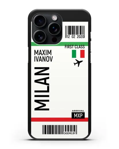 Чехол Авиабилет Милан с именем, фамилией силиконовый для iPhone 15 Pro Max