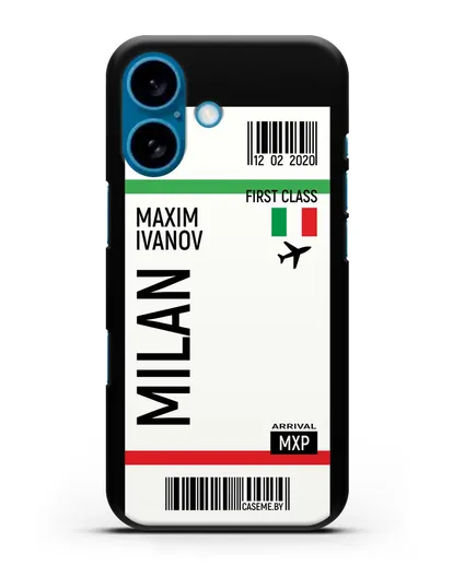 Чехол Авиабилет Милан с именем, фамилией силиконовый для iPhone 16