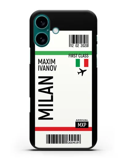 Чехол Авиабилет Милан с именем, фамилией силиконовый для iPhone 16 Plus