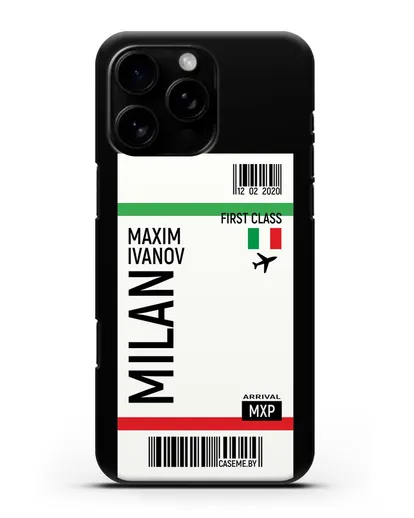 Чехол Авиабилет Милан с именем, фамилией силиконовый для iPhone 16 Pro Max
