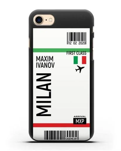 Чехол Авиабилет Милан с именем, фамилией силиконовый для iPhone 8