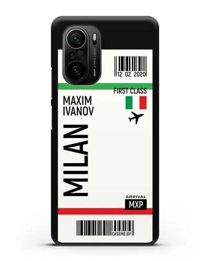 Чехол Авиабилет Милан с именем, фамилией силиконовый для Xiaomi Poco F3