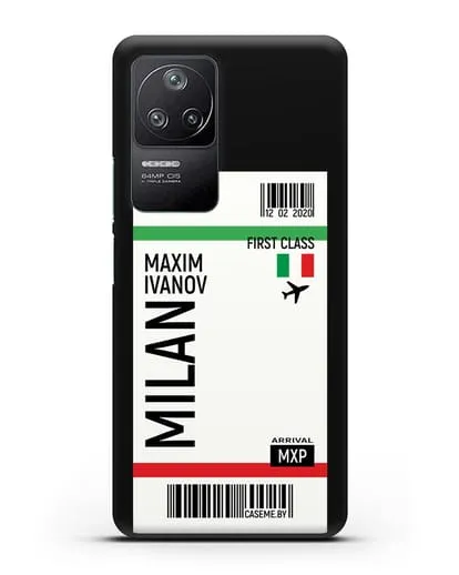 Чехол Авиабилет Милан с именем, фамилией силиконовый для Xiaomi Poco F4