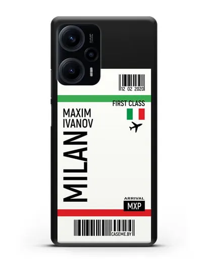 Чехол Авиабилет Милан с именем, фамилией силиконовый для Xiaomi Poco F5