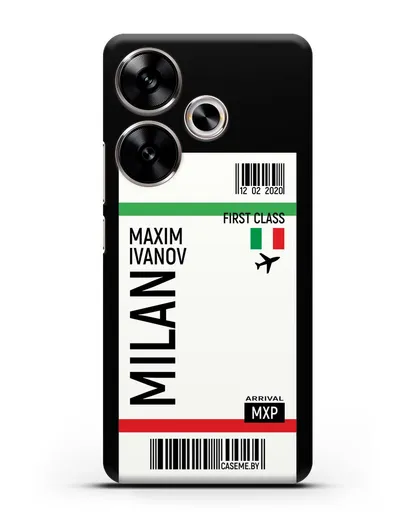 Чехол Авиабилет Милан с именем, фамилией силиконовый для Xiaomi Poco F6