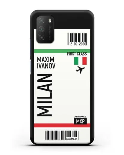 Чехол Авиабилет Милан с именем, фамилией силиконовый для Xiaomi Poco M3