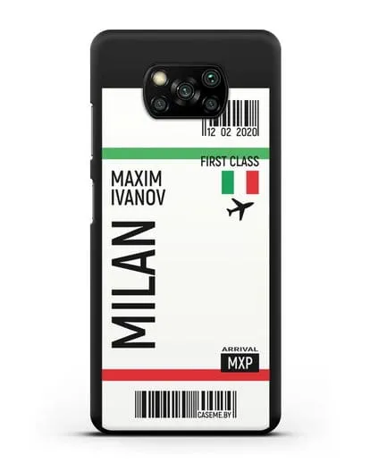 Чехол Авиабилет Милан с именем, фамилией силиконовый для Xiaomi Poco X3