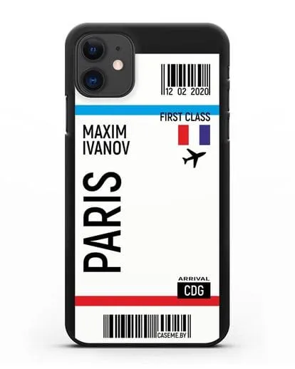 Чехол Авиабилет Париж с именем, фамилией силиконовый для iPhone 11