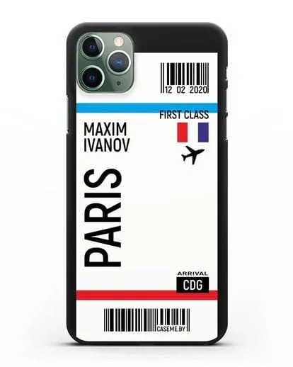 Чехол Авиабилет Париж с именем, фамилией силиконовый для iPhone 11 Pro