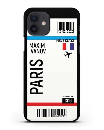 Чехол Авиабилет Париж с именем, фамилией силиконовый для iPhone 12
