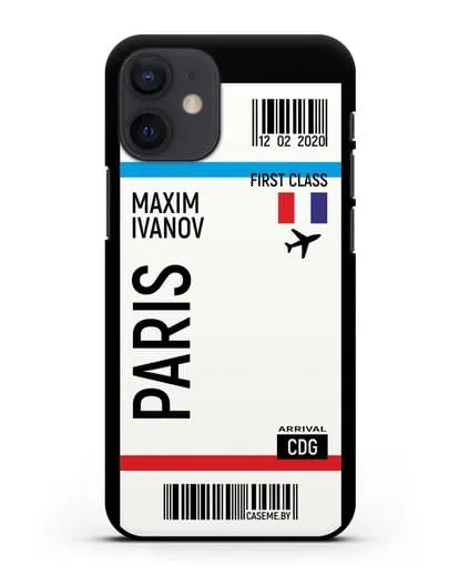 Чехол Авиабилет Париж с именем, фамилией силиконовый для iPhone 12 mini