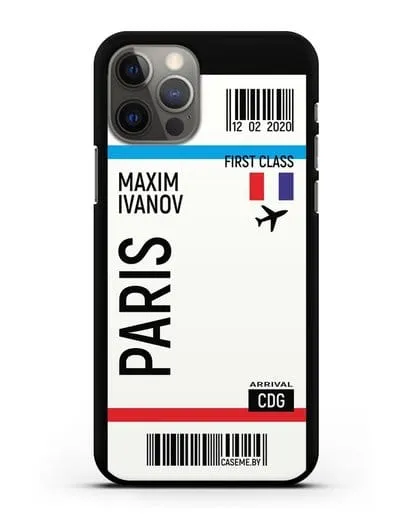 Чехол Авиабилет Париж с именем, фамилией силиконовый для iPhone 12 Pro