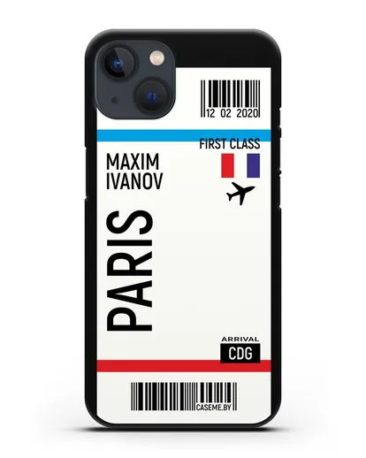 Чехол Авиабилет Париж с именем, фамилией силиконовый для iPhone 13