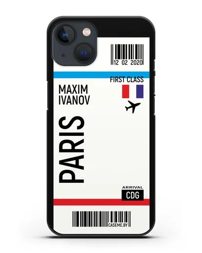 Чехол Авиабилет Париж с именем, фамилией силиконовый для iPhone 13 Mini