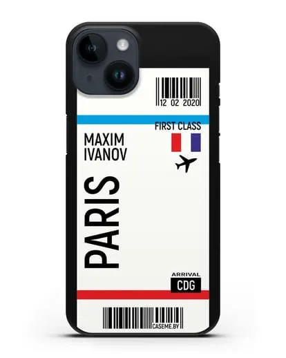 Чехол Авиабилет Париж с именем, фамилией силиконовый для iPhone 14