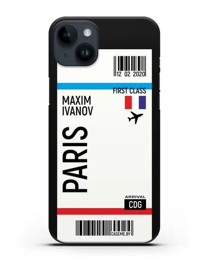 Чехол Авиабилет Париж с именем, фамилией силиконовый для iPhone 14 Plus
