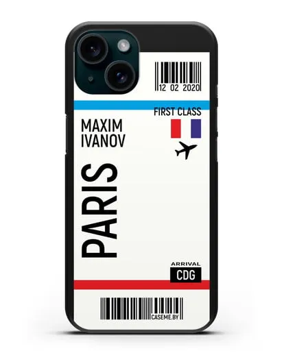 Чехол Авиабилет Париж с именем, фамилией силиконовый для iPhone 15