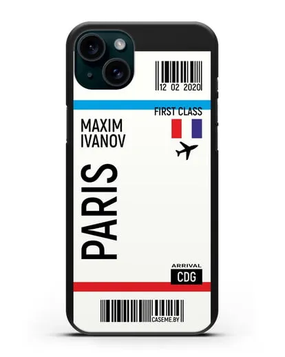 Чехол Авиабилет Париж с именем, фамилией силиконовый для iPhone 15 Plus