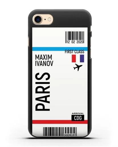 Чехол Авиабилет Париж с именем, фамилией силиконовый для iPhone 8