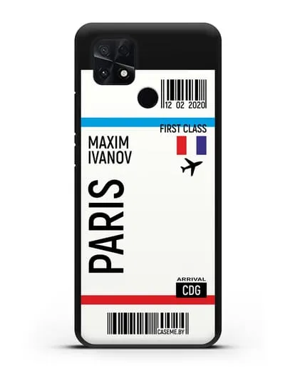 Чехол Авиабилет Париж с именем, фамилией силиконовый для Xiaomi Poco C40