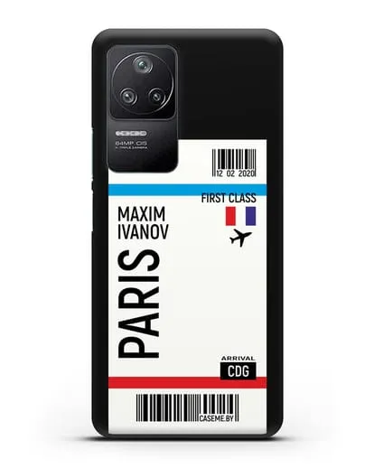 Чехол Авиабилет Париж с именем, фамилией силиконовый для Xiaomi Poco F4