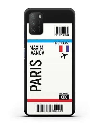 Чехол Авиабилет Париж с именем, фамилией силиконовый для Xiaomi Poco M3