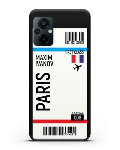 Чехол Авиабилет Париж с именем, фамилией силиконовый для Xiaomi Poco M5