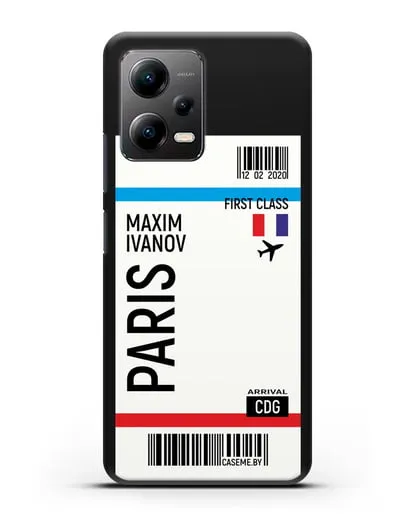 Чехол Авиабилет Париж с именем, фамилией силиконовый для Xiaomi Poco X5