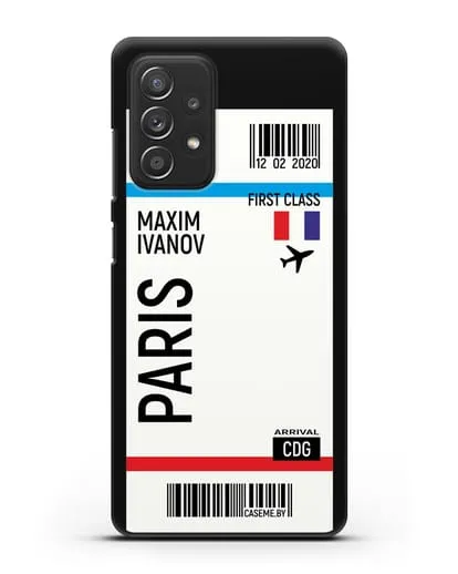 Чехол Авиабилет Париж с именем, фамилией силиконовый для Samsung Galaxy A53