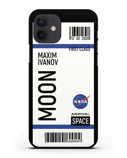 Чехол Космический билет на Луну NASA с именем фамилией силиконовый для iPhone 12