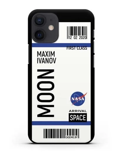 Чехол Космический билет на Луну NASA с именем фамилией силиконовый для iPhone 12 mini